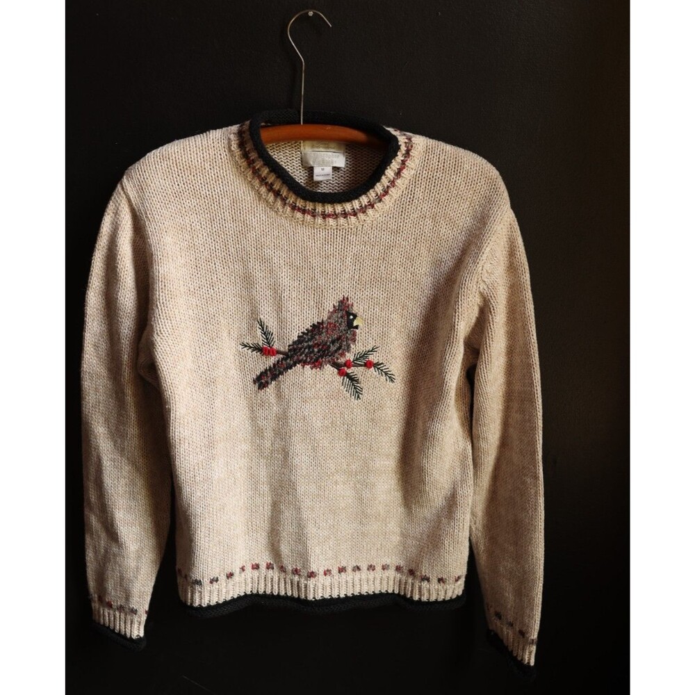 Vintage Christmas Holiday Sweater Hand Embroidered Bird Cardinal Grannycore M